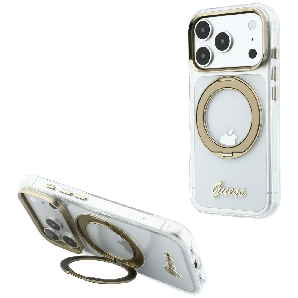 MagSafe-deksel for Apple iPhone 18 Pro Max / 17 Pro Max, Guess, Ring Stand Script Metallogo, Transparent