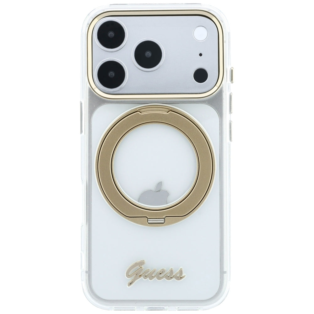 MagSafe-deksel for Apple iPhone 18 Pro Max / 17 Pro Max, Guess, Ring Stand Script Metallogo, Transparent