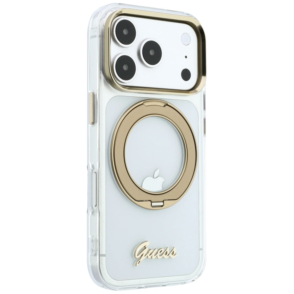 MagSafe-deksel for Apple iPhone 18 Pro Max / 17 Pro Max, Guess, Ring Stand Script Metallogo, Transparent
