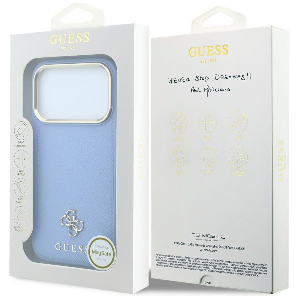MagSafe-deksel for Apple iPhone 18 Pro Max / 17 Pro Max, Guess, Saffiano Small 4G Classic, Bleu