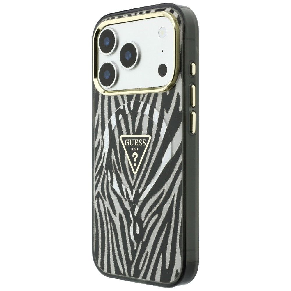 MagSafe-deksel for Apple iPhone 18 Pro Max / 17 Pro Max, Guess, Zebra Glitter Triangle Logo, Sølv