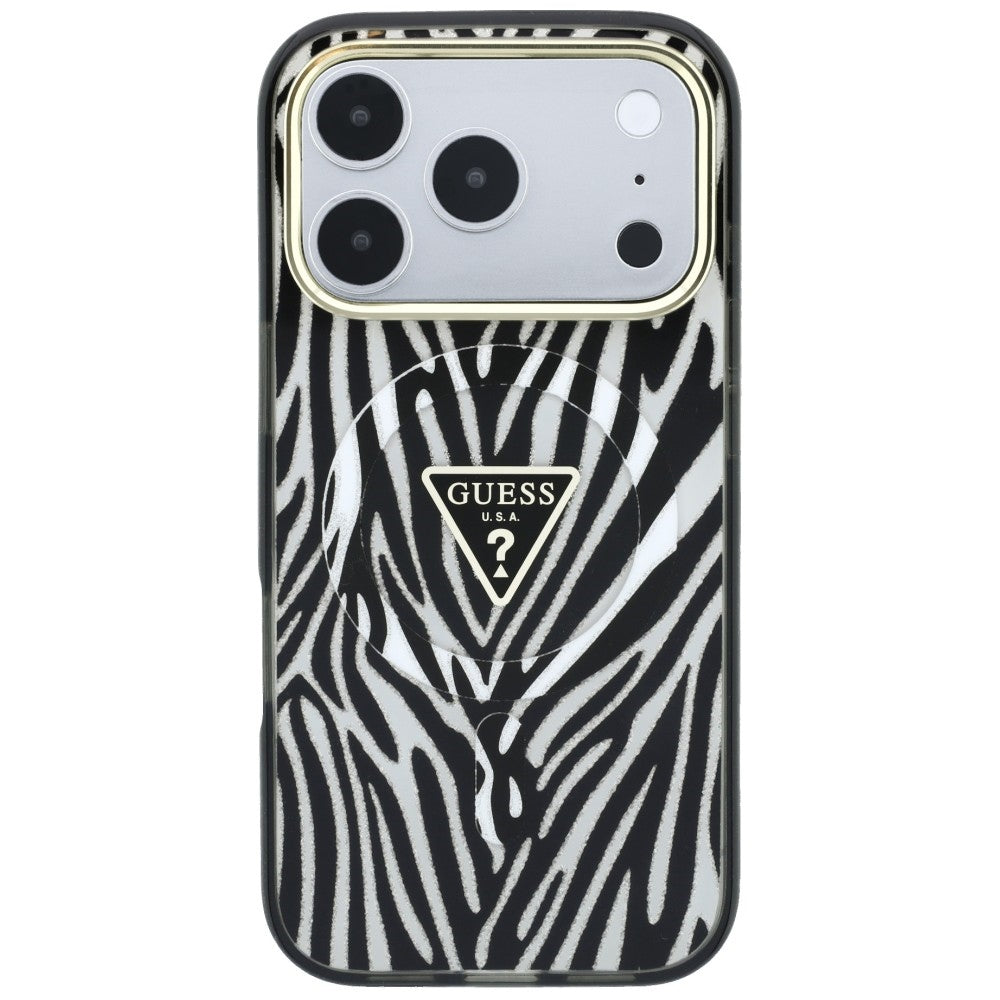 MagSafe-deksel for Apple iPhone 18 Pro Max / 17 Pro Max, Guess, Zebra Glitter Triangle Logo, Sølv
