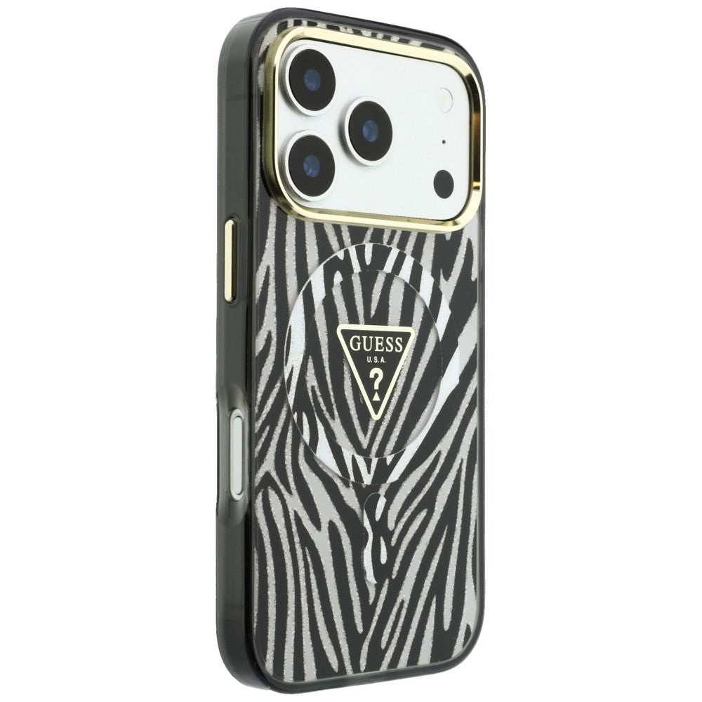 MagSafe-deksel for Apple iPhone 18 Pro Max / 17 Pro Max, Guess, Zebra Glitter Triangle Logo, Sølv