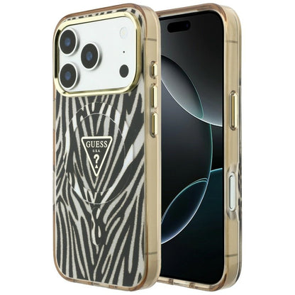 MagSafe-deksel for Apple iPhone 18 Pro Max / 17 Pro Max, Guess, Zebra Glitter Triangle Logo, Gull
