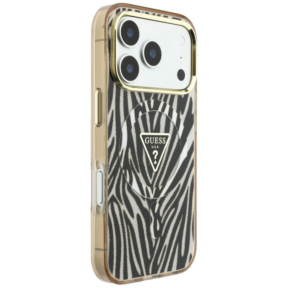 MagSafe-deksel for Apple iPhone 18 Pro Max / 17 Pro Max, Guess, Zebra Glitter Triangle Logo, Gull