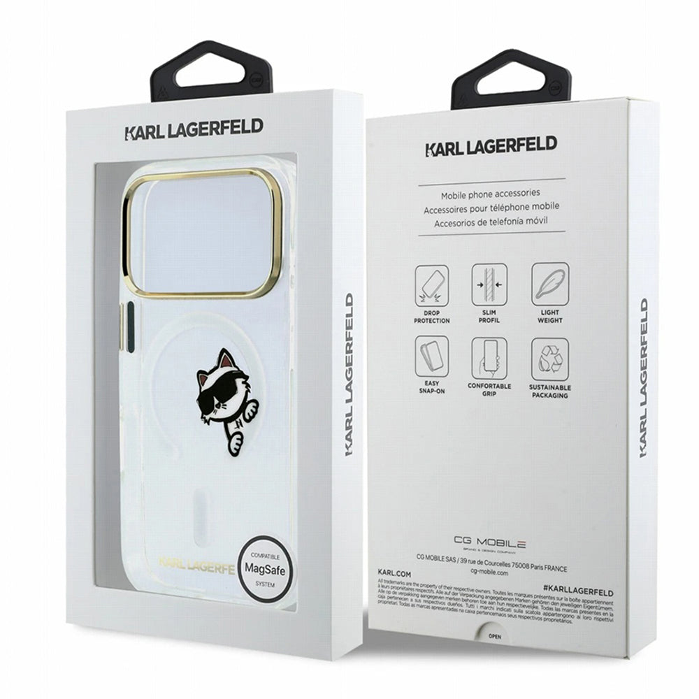 MagSafe-deksel for Apple iPhone 18 Pro Max / 17 Pro Max, Karl Lagerfeld, IML Peekaboo Print og metallramme, gjennomsiktig