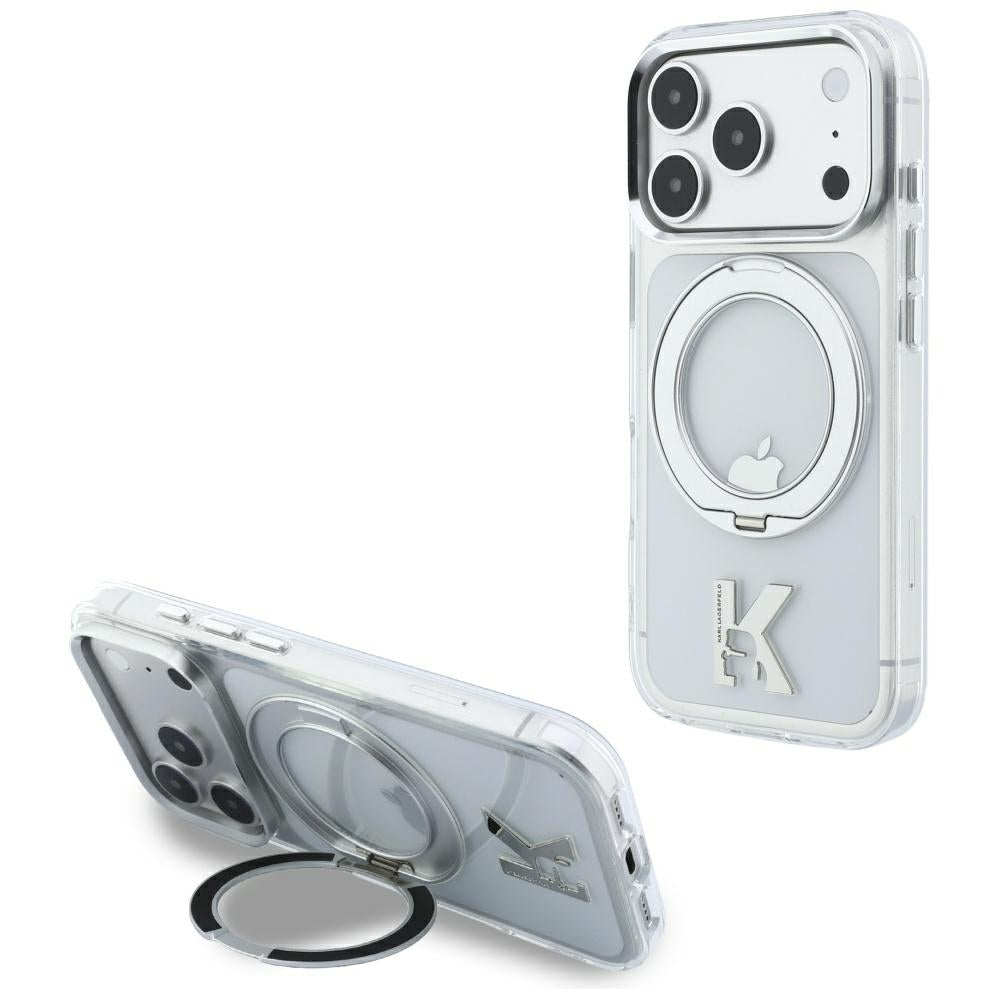 MagSafe-deksel for Apple iPhone 18 Pro Max / 17 Pro Max, Karl Lagerfeld, IML Ring Stand Kameo Metall, Transparent