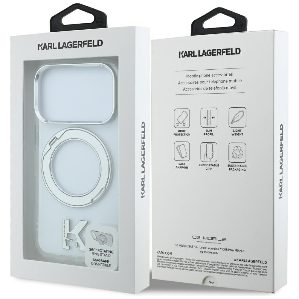 MagSafe-deksel for Apple iPhone 18 Pro Max / 17 Pro Max, Karl Lagerfeld, IML Ring Stand Kameo Metall, Transparent