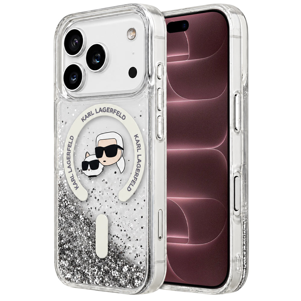 MagSafe-deksel for Apple iPhone 18 Pro Max / 17 Pro Max, Karl Lagerfeld, Liquid Glitter Karl & Choupette Head's, Transparent