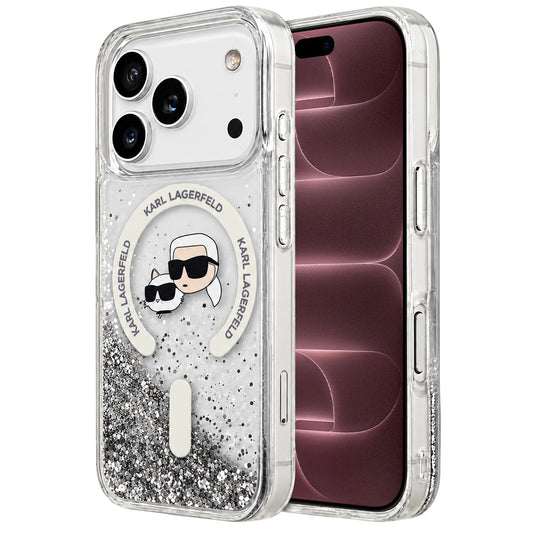 MagSafe-deksel for Apple iPhone 18 Pro Max / 17 Pro Max, Karl Lagerfeld, Liquid Glitter Karl & Choupette Head's, Transparent