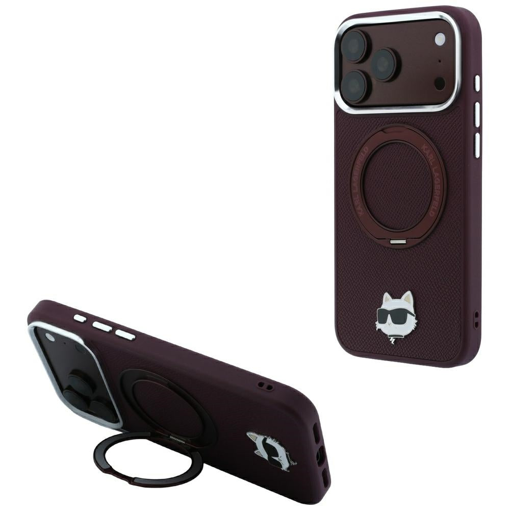MagSafe-deksel for Apple iPhone 18 Pro Max / 17 Pro Max, Karl Lagerfeld, Saffiano Ring Stand 360 Choupette Pin, Burgunder