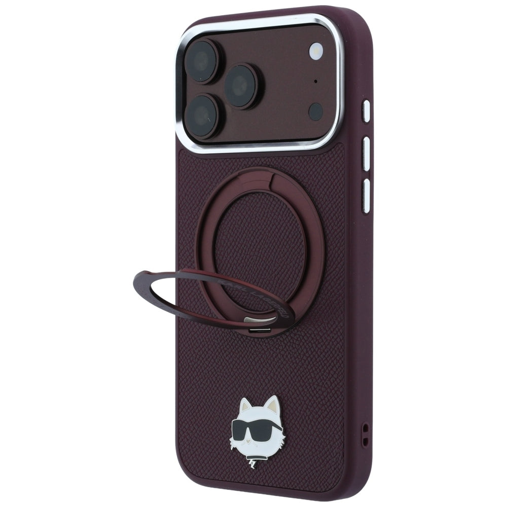 MagSafe-deksel for Apple iPhone 18 Pro Max / 17 Pro Max, Karl Lagerfeld, Saffiano Ring Stand 360 Choupette Pin, Burgunder