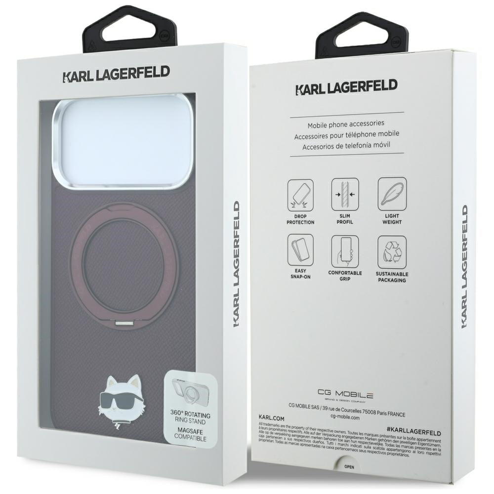 MagSafe-deksel for Apple iPhone 18 Pro Max / 17 Pro Max, Karl Lagerfeld, Saffiano Ring Stand 360 Choupette Pin, Burgunder