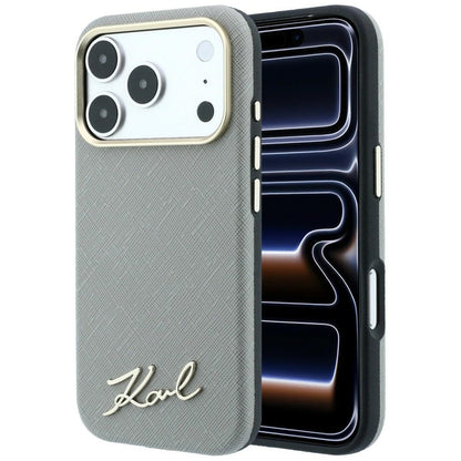 MagSafe-deksel for Apple iPhone 18 Pro Max / 17 Pro Max, Karl Lagerfeld, Saffiano Small Script Metal Logo, Beige