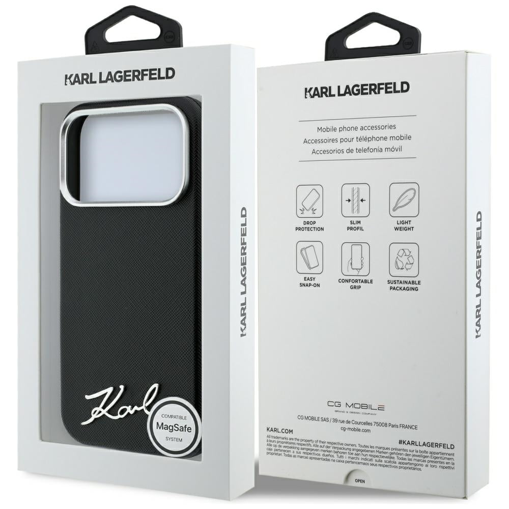 MagSafe-deksel for Apple iPhone 18 Pro Max / 17 Pro Max, Karl Lagerfeld, Saffiano Small Script Metal Logo, Svart