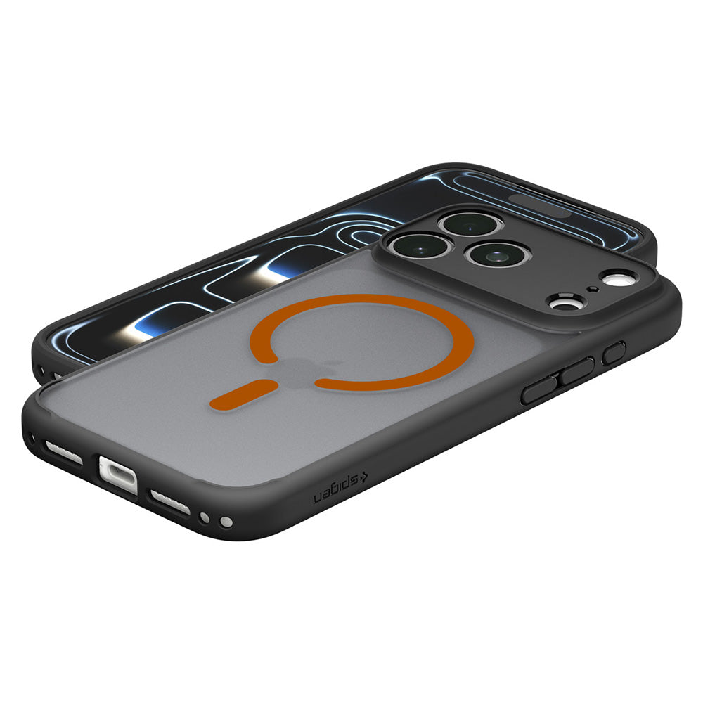 MagSafe-deksel for Apple iPhone 18 Pro Max / 17 Pro Max, Spigen, Ultra Hybrid, Svart Oransje Satinert ACS12125