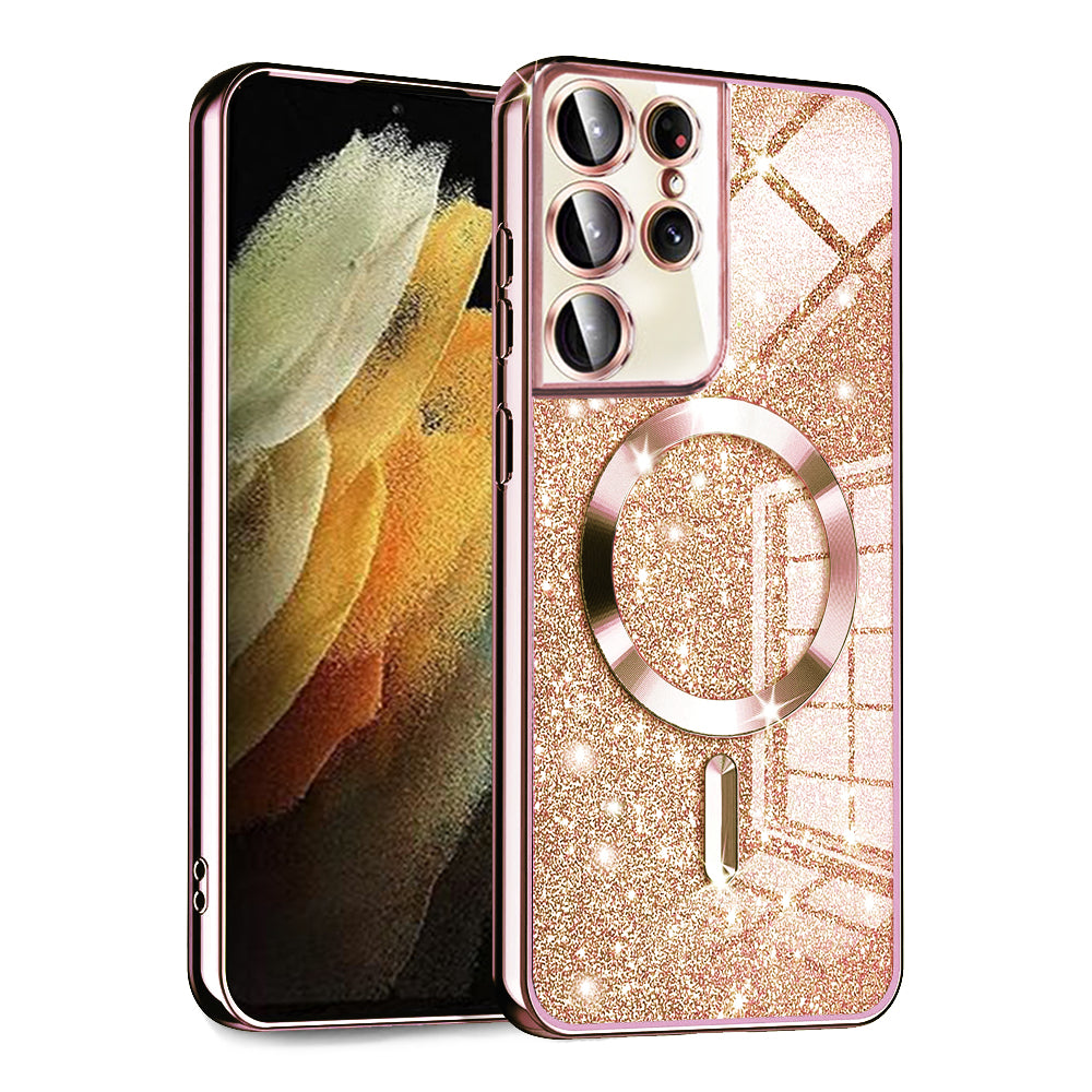 MagSafe-deksel for Samsung Galaxy S21 Ultra 5G G998, Techsuit, Luxury Glitter, Rosa Gull