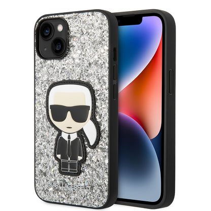 Deksel for Apple iPhone 14, Karl Lagerfeld, Glitter Flakes Ikonik Karl, Sølvfarget