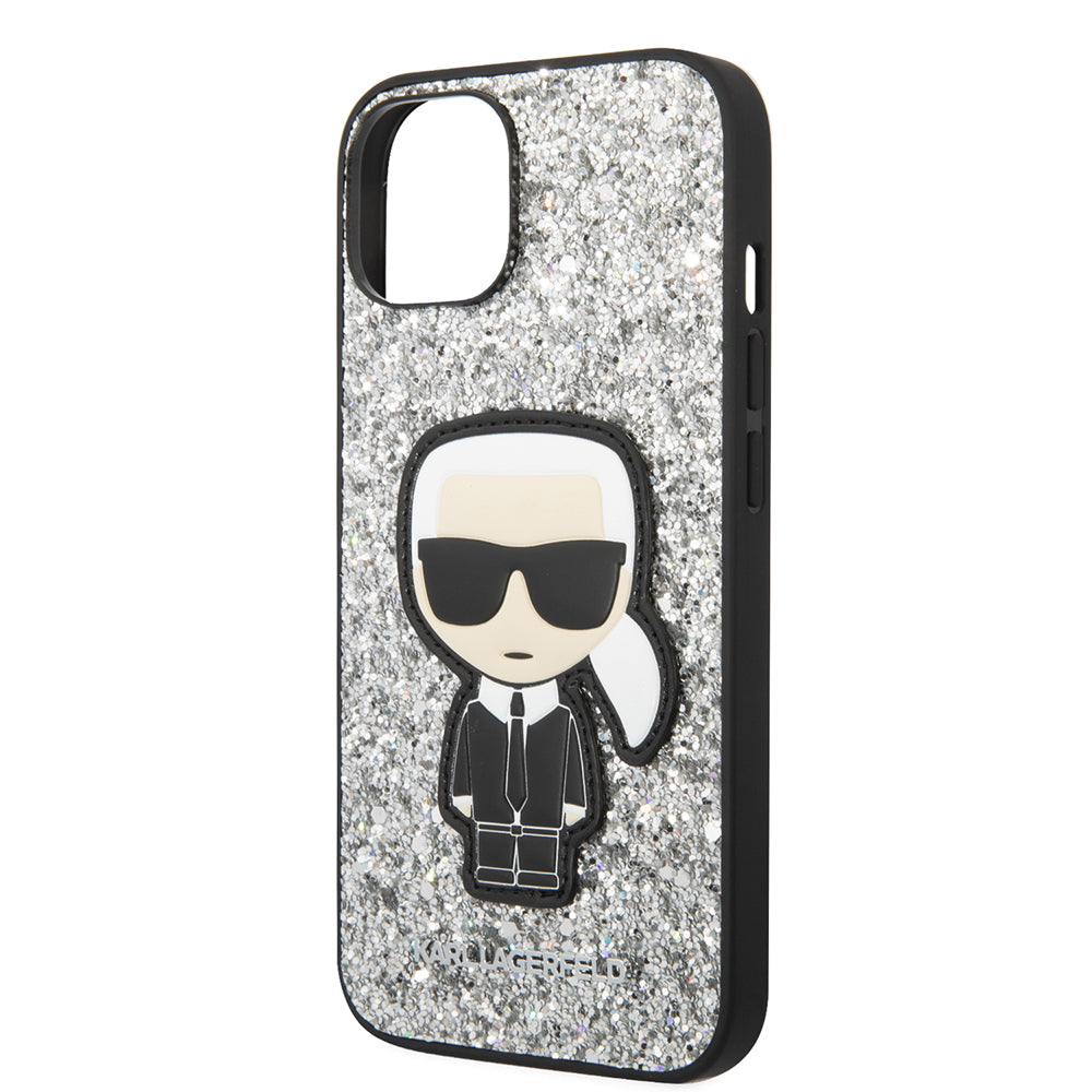 Deksel for Apple iPhone 14, Karl Lagerfeld, Glitter Flakes Ikonik Karl, Sølvfarget