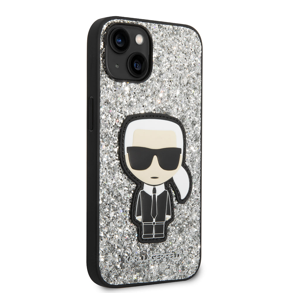 Deksel for Apple iPhone 14, Karl Lagerfeld, Glitter Flakes Ikonik Karl, Sølvfarget