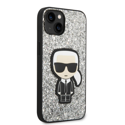 Deksel for Apple iPhone 14, Karl Lagerfeld, Glitter Flakes Ikonik Karl, Sølvfarget