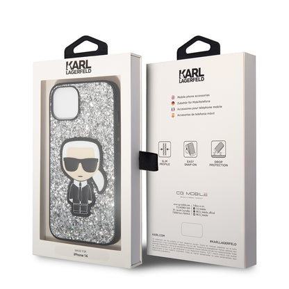 Deksel for Apple iPhone 14, Karl Lagerfeld, Glitter Flakes Ikonik Karl, Sølvfarget