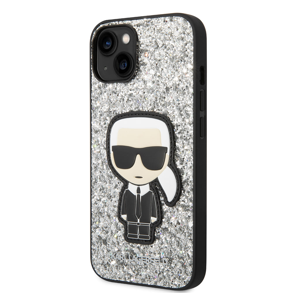 Deksel for Apple iPhone 14, Karl Lagerfeld, Glitter Flakes Ikonik Karl, Sølvfarget
