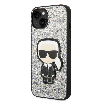 Deksel for Apple iPhone 14, Karl Lagerfeld, Glitter Flakes Ikonik Karl, Sølvfarget
