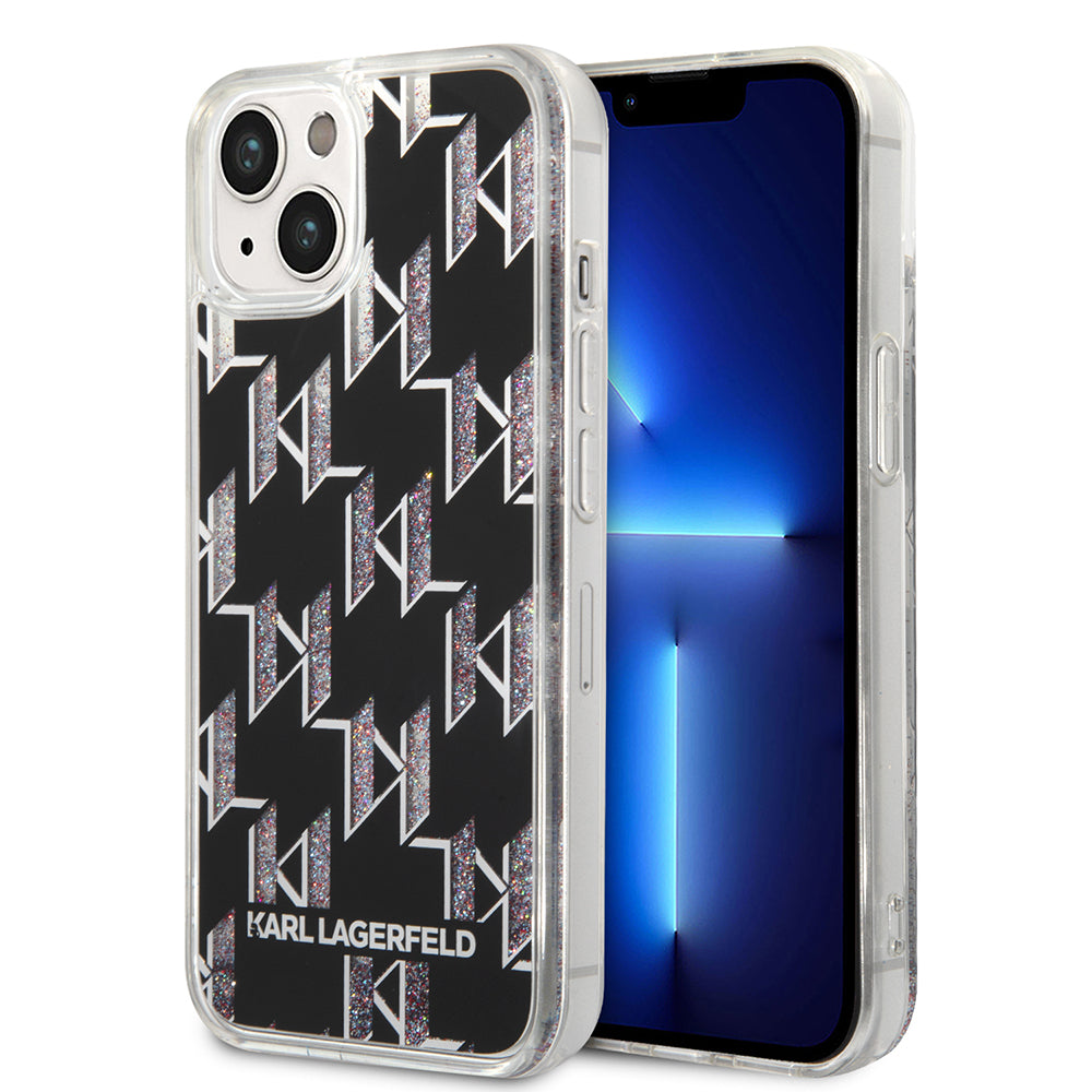 Deksel for Apple iPhone 14, Karl Lagerfeld, Liquid Glitter Monogram, Svart