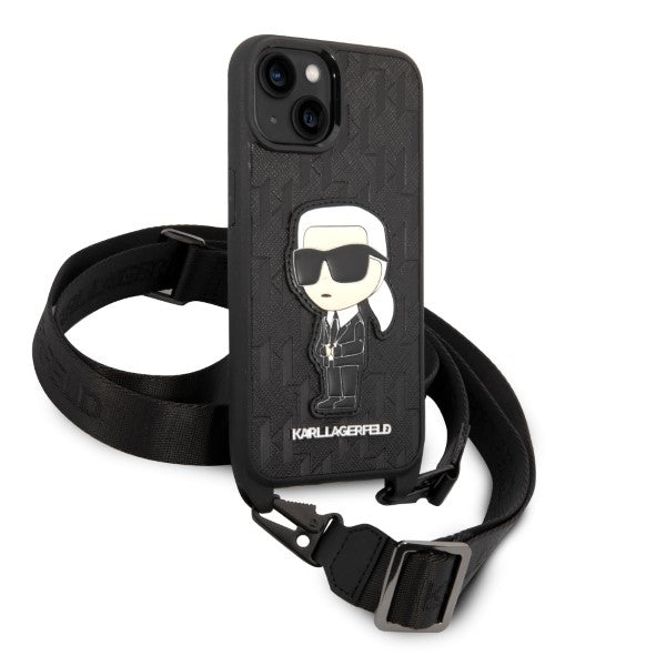 Deksel for Apple iPhone 14, Karl Lagerfeld, Monogram Ikonik Karl, Svart
