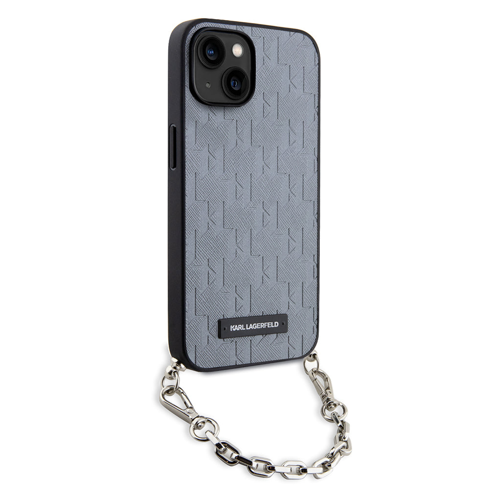 Deksel for Apple iPhone 14, Karl Lagerfeld, Saffiano Monogram Chain, Sølv
