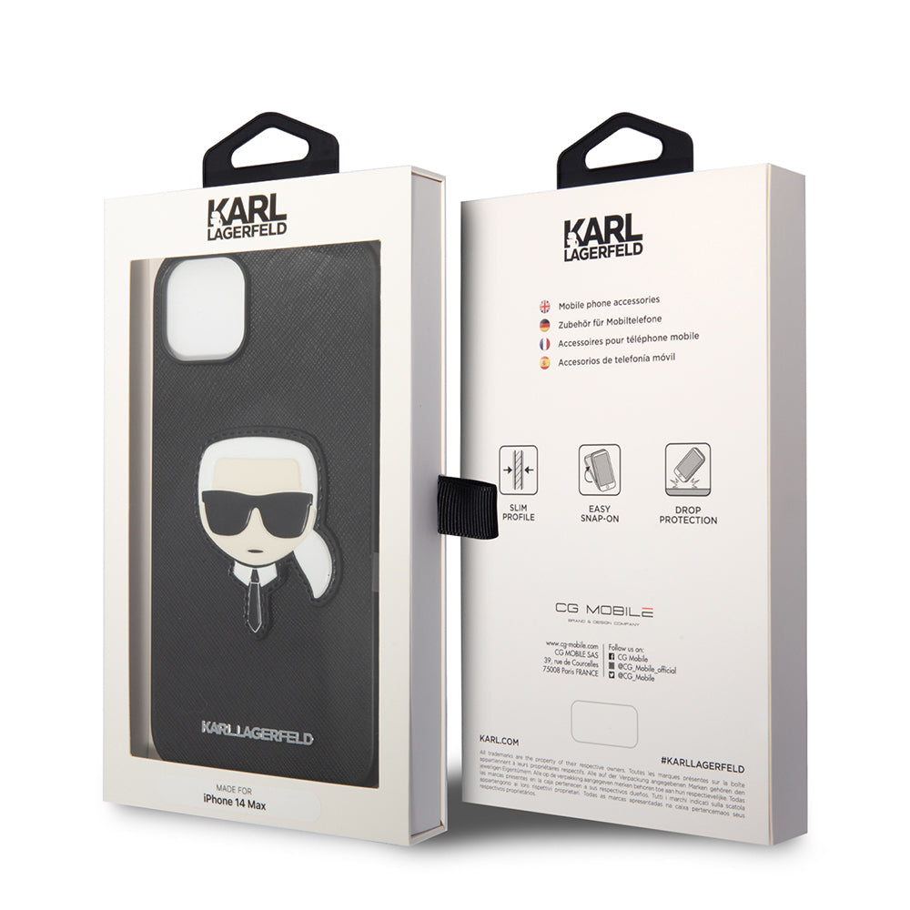 Deksel for Apple iPhone 14 Plus, Karl Lagerfeld, Saffiano Karl's Head, Svart