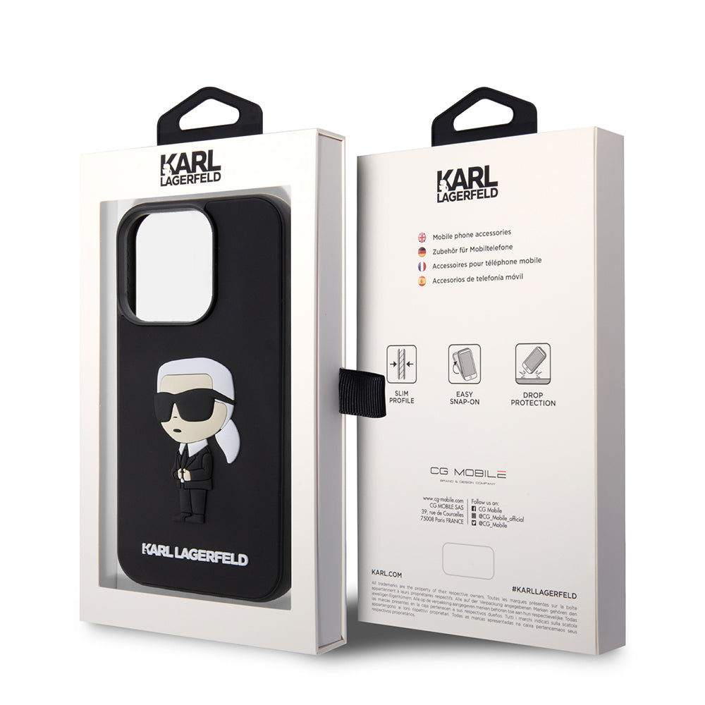 Deksel for Apple iPhone 14 Pro, Karl Lagerfeld, 3D Rubber Ikonik Karl, Svart