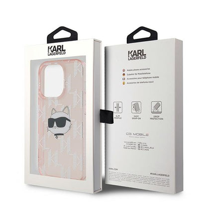 Deksel for Apple iPhone 14 Pro, Karl Lagerfeld, IML Luxury Monogram Choupette's Head, Rosa