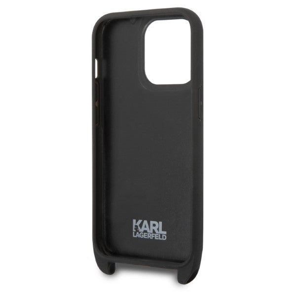 Deksel for Apple iPhone 14 Pro, Karl Lagerfeld, Monogram Plaque Logo with Strap, Svart