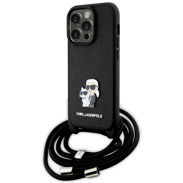 Deksel for Apple iPhone 14 Pro, Karl Lagerfeld, Saffiano Crossbody Metal Pin Karl & Choupette, Svart
