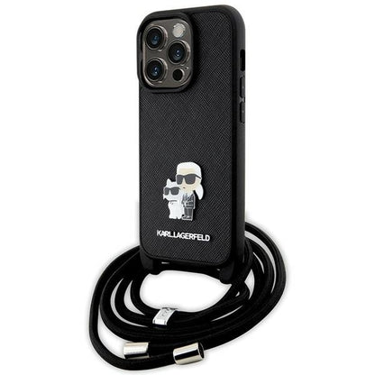 Deksel for Apple iPhone 14 Pro, Karl Lagerfeld, Saffiano Crossbody Metal Pin Karl & Choupette, Svart