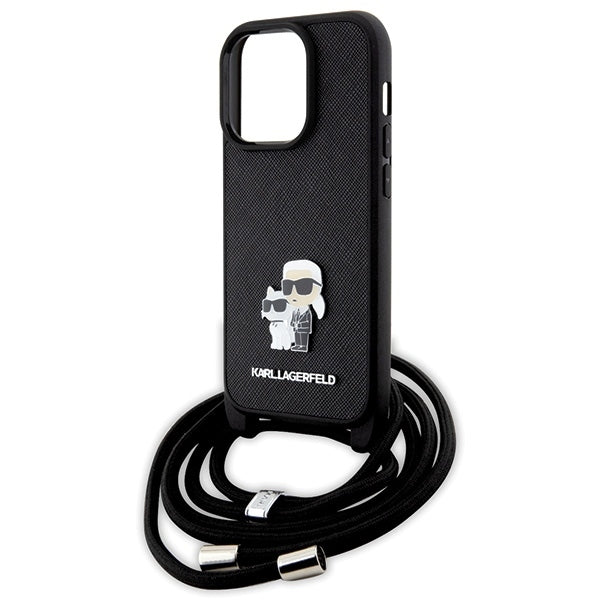 Deksel for Apple iPhone 14 Pro, Karl Lagerfeld, Saffiano Crossbody Metal Pin Karl & Choupette, Svart