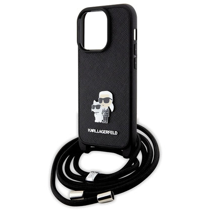 Deksel for Apple iPhone 14 Pro, Karl Lagerfeld, Saffiano Crossbody Metal Pin Karl & Choupette, Svart