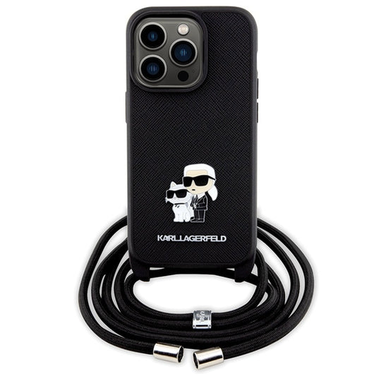 Deksel for Apple iPhone 14 Pro, Karl Lagerfeld, Saffiano Crossbody Metal Pin Karl & Choupette, Svart