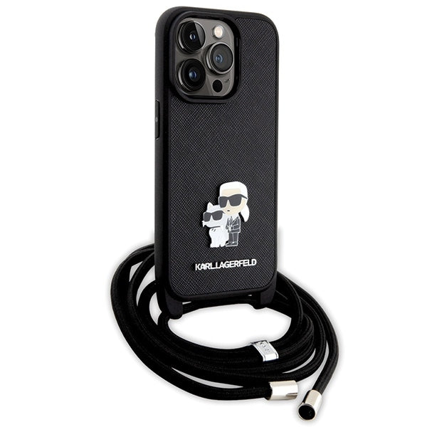 Deksel for Apple iPhone 14 Pro, Karl Lagerfeld, Saffiano Crossbody Metal Pin Karl & Choupette, Svart