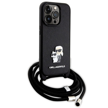 Deksel for Apple iPhone 14 Pro, Karl Lagerfeld, Saffiano Crossbody Metal Pin Karl & Choupette, Svart