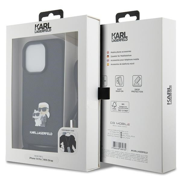 Deksel for Apple iPhone 14 Pro, Karl Lagerfeld, Saffiano Crossbody Metal Pin Karl & Choupette, Svart