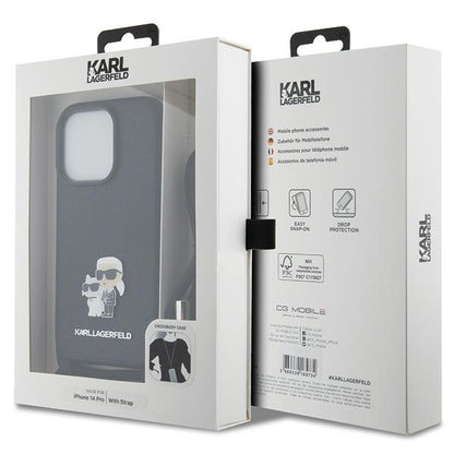 Deksel for Apple iPhone 14 Pro, Karl Lagerfeld, Saffiano Crossbody Metal Pin Karl & Choupette, Svart