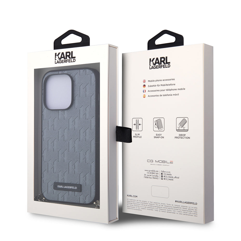 Deksel for Apple iPhone 14 Pro, Karl Lagerfeld, Saffiano Monogram Chain, Sølv