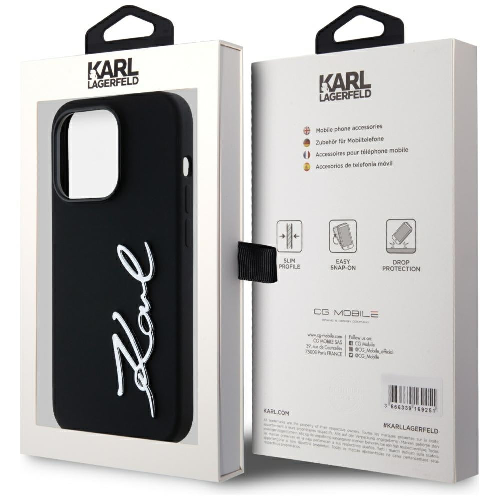 Deksel for Apple iPhone 14 Pro, Karl Lagerfeld, Silicone Karl Script, Svart
