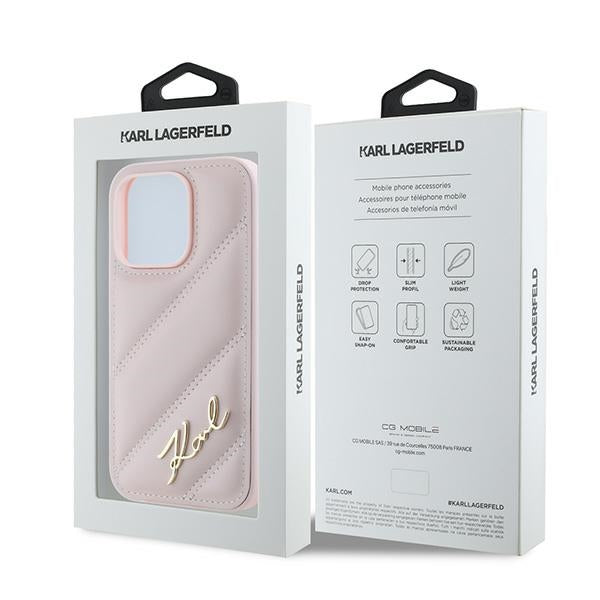 Deksel for Apple iPhone 14 Pro Max, Karl Lagerfeld, Diagonal Quilted Script, Rosa