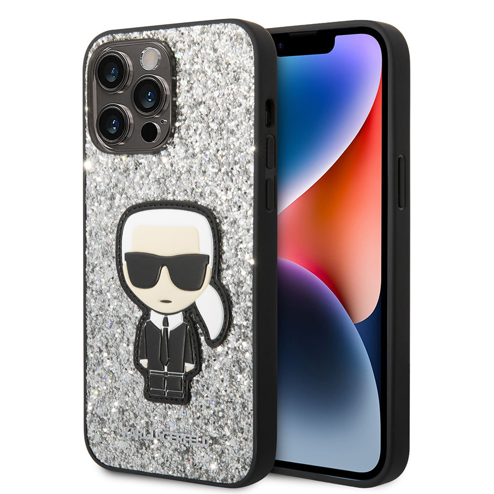 Deksel for Apple iPhone 14 Pro Max, Karl Lagerfeld, Glitter Flakes Ikonik Karl, Sølvfarget