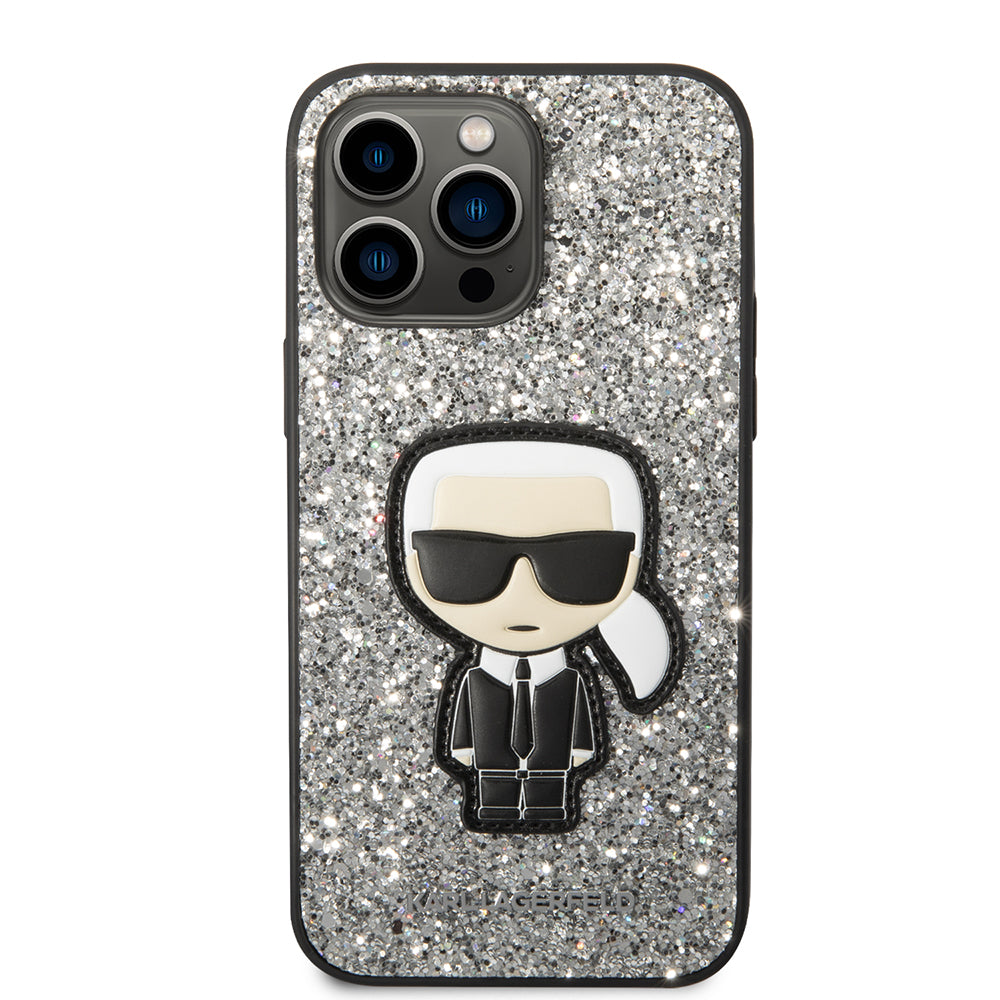 Deksel for Apple iPhone 14 Pro Max, Karl Lagerfeld, Glitter Flakes Ikonik Karl, Sølvfarget