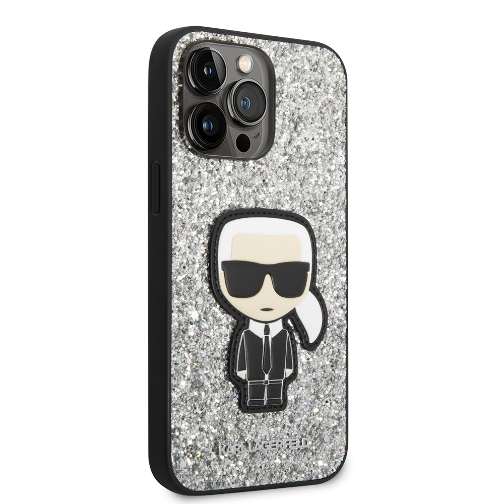 Deksel for Apple iPhone 14 Pro Max, Karl Lagerfeld, Glitter Flakes Ikonik Karl, Sølvfarget